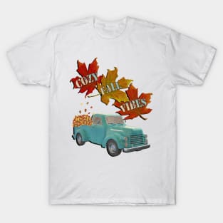 Cozy Fall Vibes Quote Graphic Autumn Leaves & Pickup Truck Gift T-Shirt